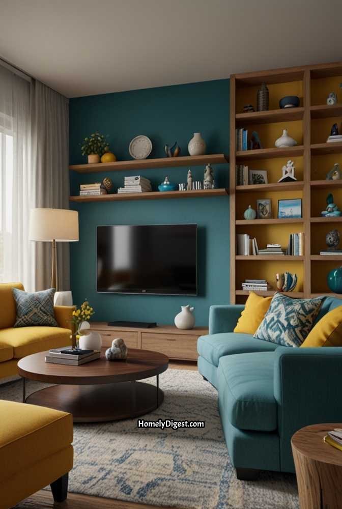 18. Colorful Accent TV Wall with Built-In Shelving