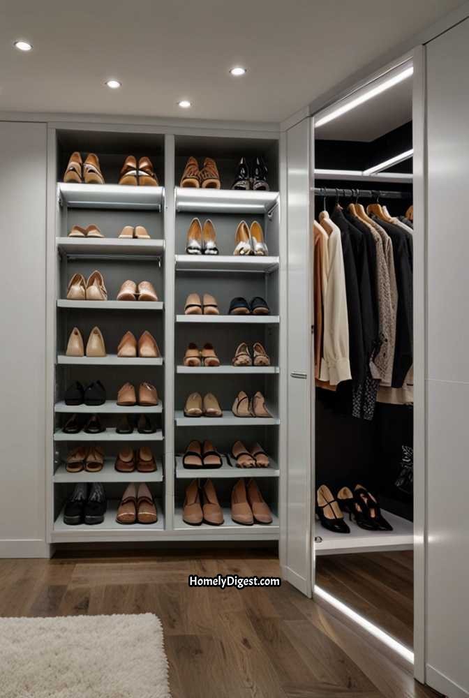 19. Compact Walk-In Closet with Rotating Shoe Rack