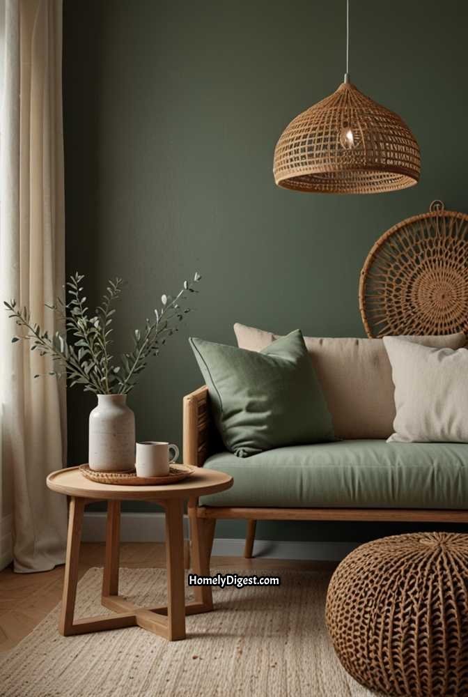 19. Sage Green Living Room with Scandinavian Boho Fusion