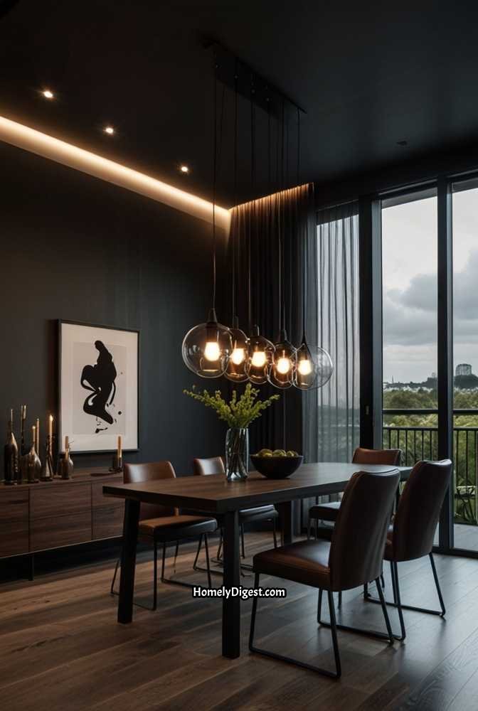 2. Bold Black Ceiling with Modern Lighting
