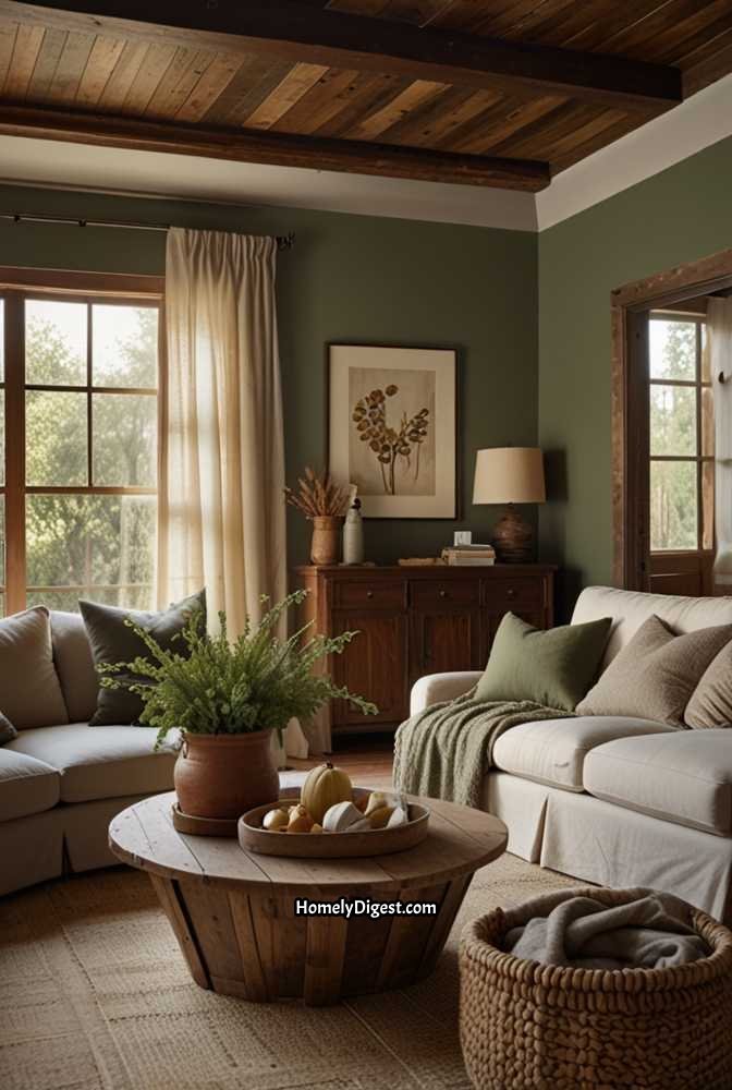 2. Cozy Sage Green Living Room with Rustic Touches
