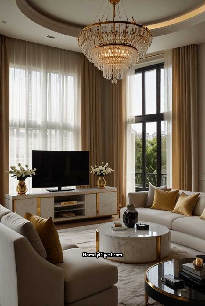 2. Elegant Marble Accent TV Wall with Gold Details