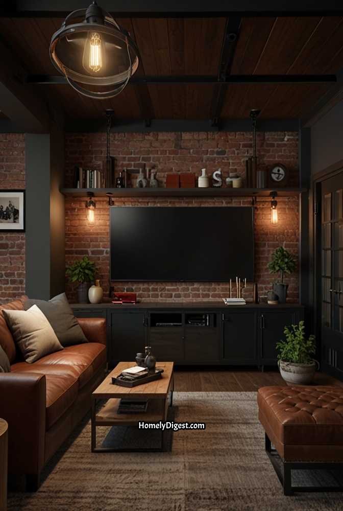 2. Industrial Brick TV Wall with Rustic Shelving