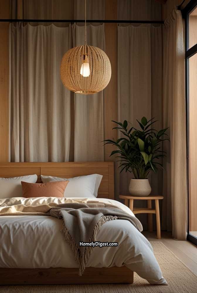 2. Japandi Bedroom with Earthy Tones and Wooden Accents
