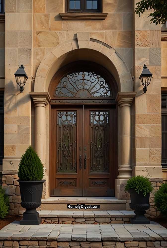 2. Rustic Wooden Front Door with Iron Details