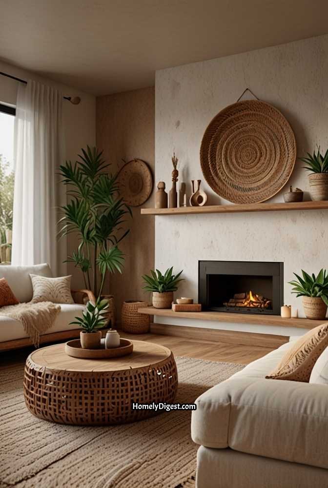 20. Bohemian Chic TV Wall with Textured Elements