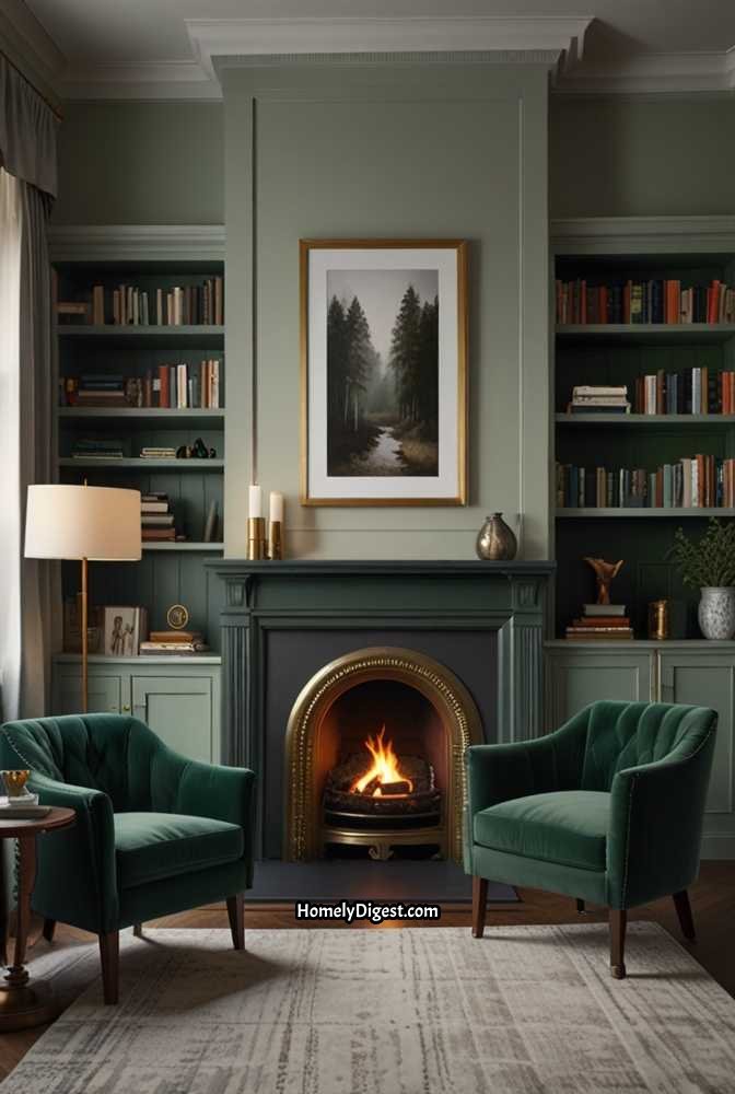 20. Sage Green Living Room with a Statement Fireplace