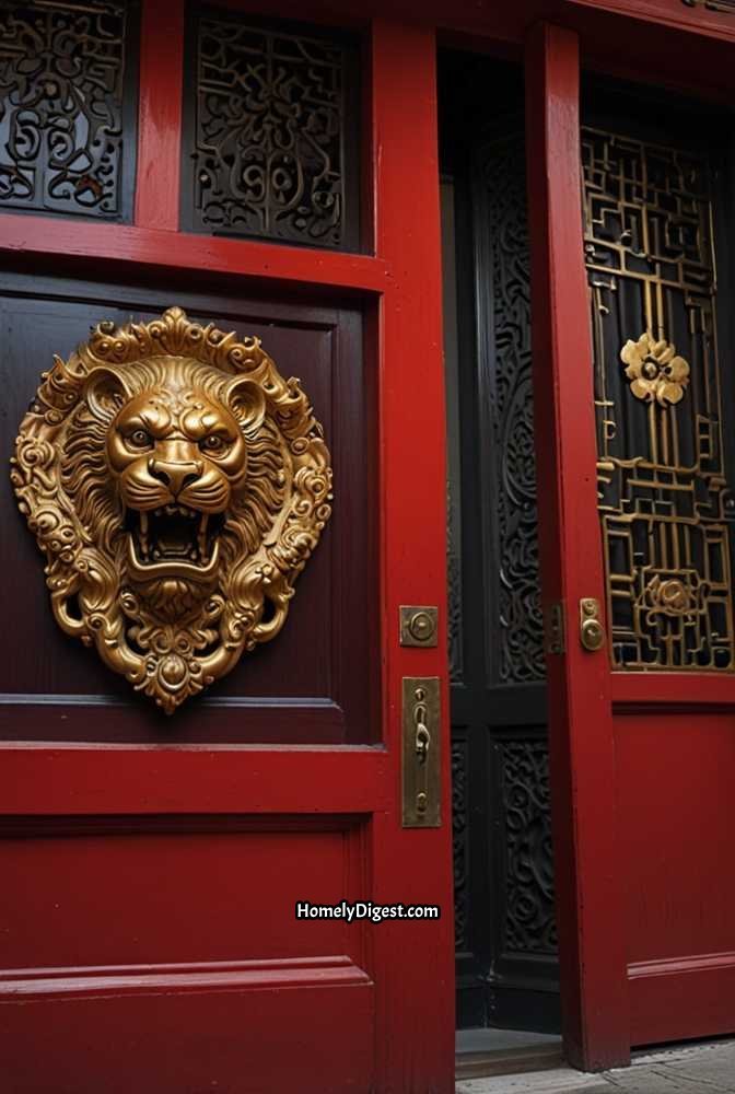 21. Bold Red Front Door with Chinese-Inspired Accents