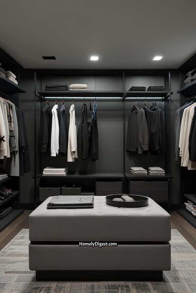 21. Minimalist Walk-In Closet with Sleek Black Shelving