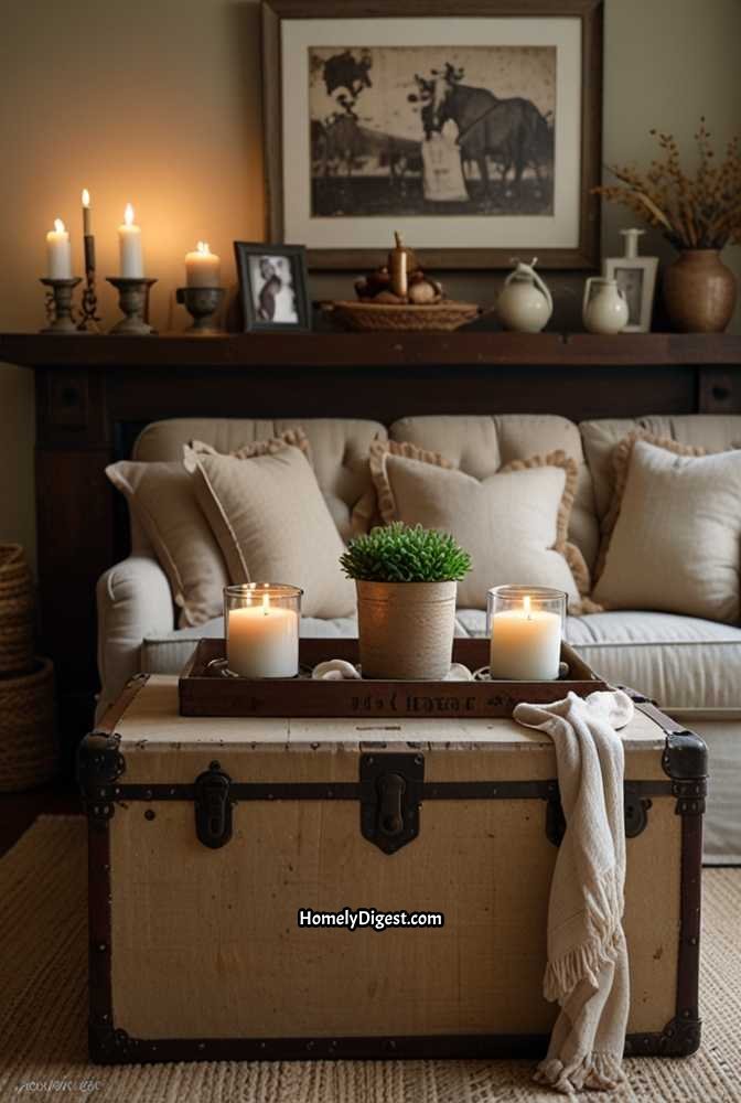 22. Cottagecore Living Room with a Vintage Trunk Coffee Table