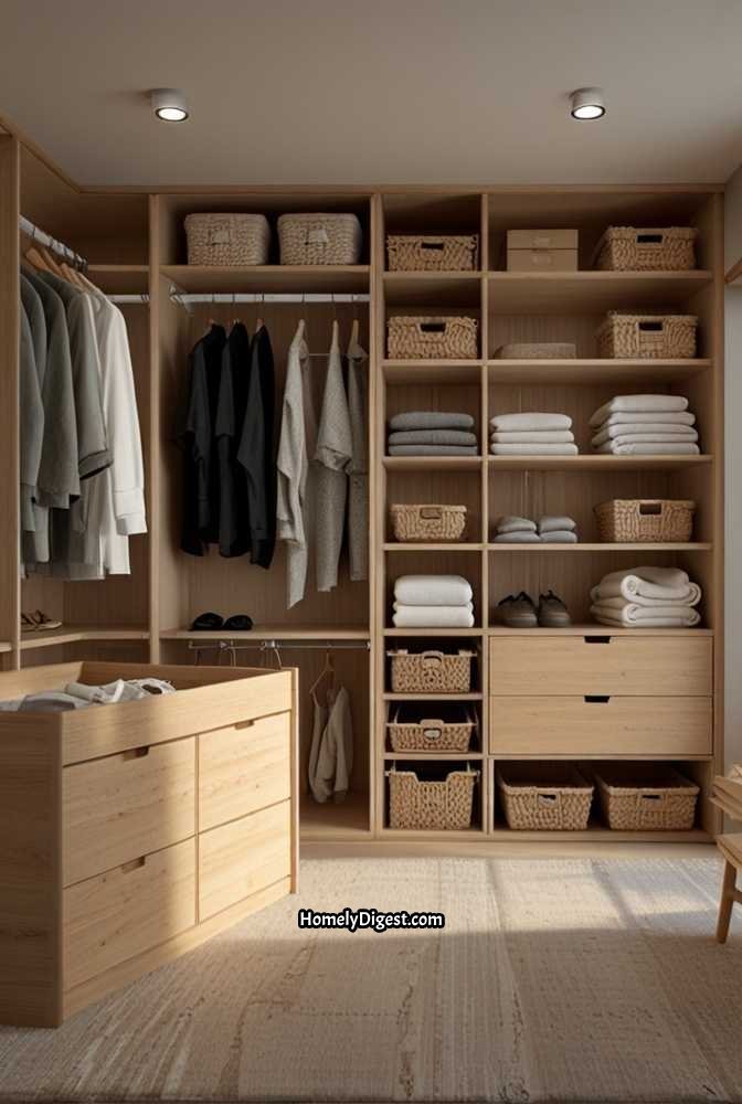 23. Japandi Walk In Closet with Natural Wood Finish