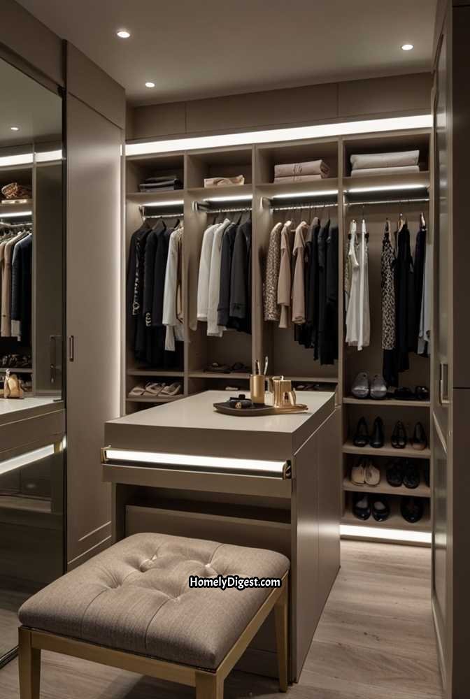 23. Walk-In Closet with Hidden Vanity Mirror and Lighting