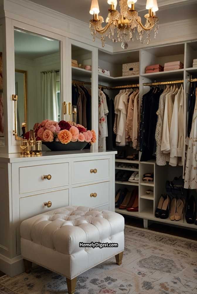 24. Elegant Walk-In Closet with French-Inspired Decor