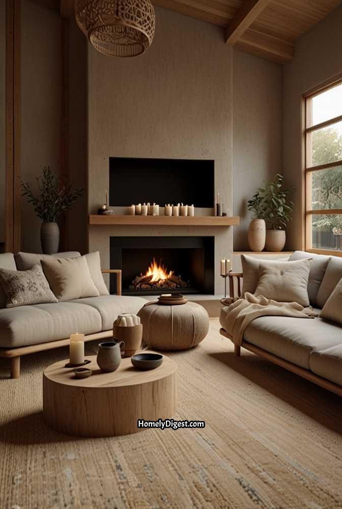 25. Japandi Fireplace Lounge with Cozy Charm