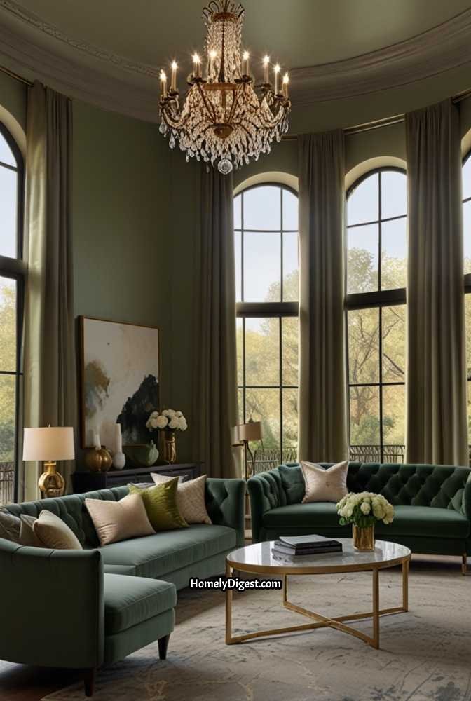 3. Elegant Sage Green Living Room with Velvet Accents