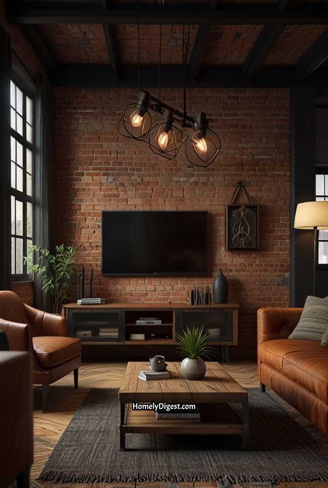 3. Industrial-Style TV Wall with Exposed Brick and Metal Shelving