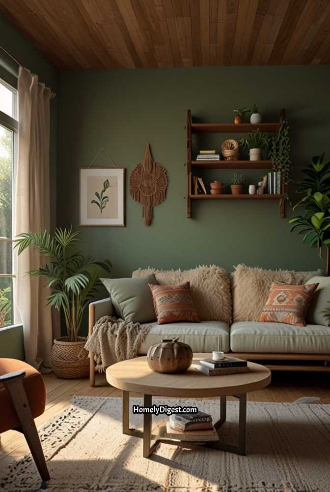 4. Bohemian Sage Green Living Room with Layered