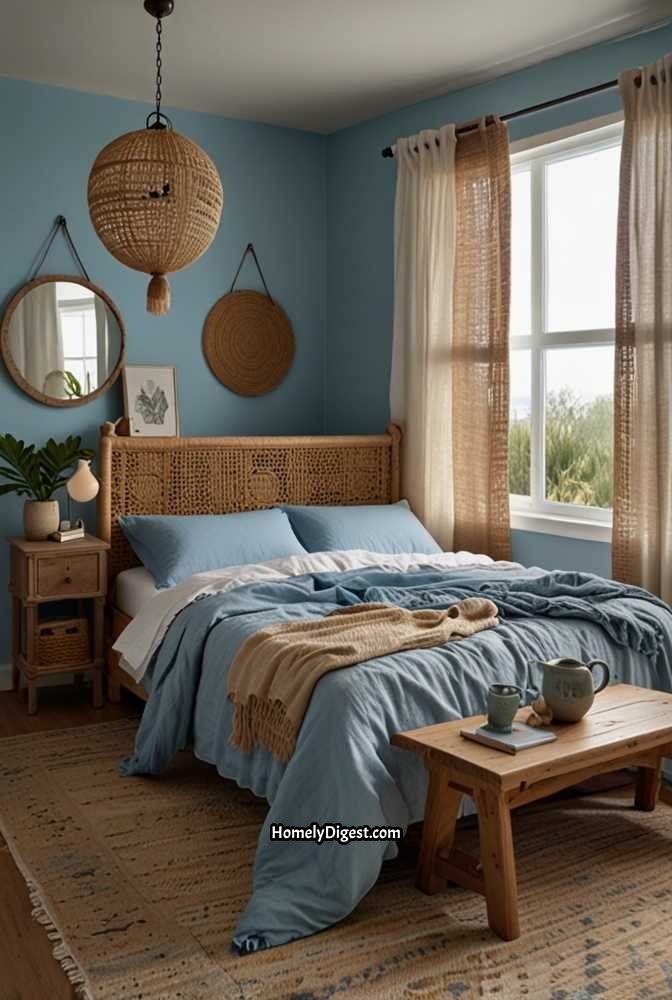 5. Coastal Blue Boho Bedroom With Whitewashed Furniture