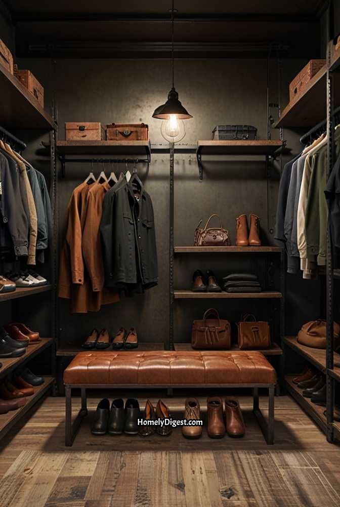 5. Industrial-Style Walk-In Closet with Open Storage