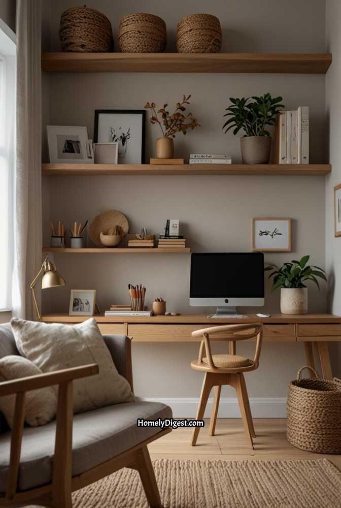 5. Japandi Home Office with Natural Light and Wooden Elements