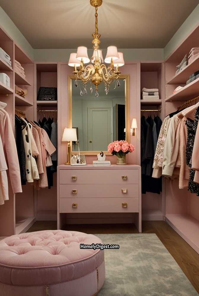 6. Chic Feminine Walk-In Closet with Soft Pastel Tones
