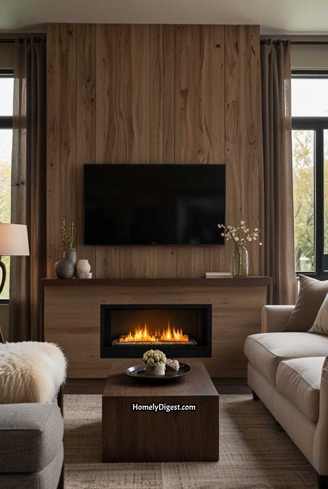 6. Cozy Fireplace TV Wall with Wooden Paneling