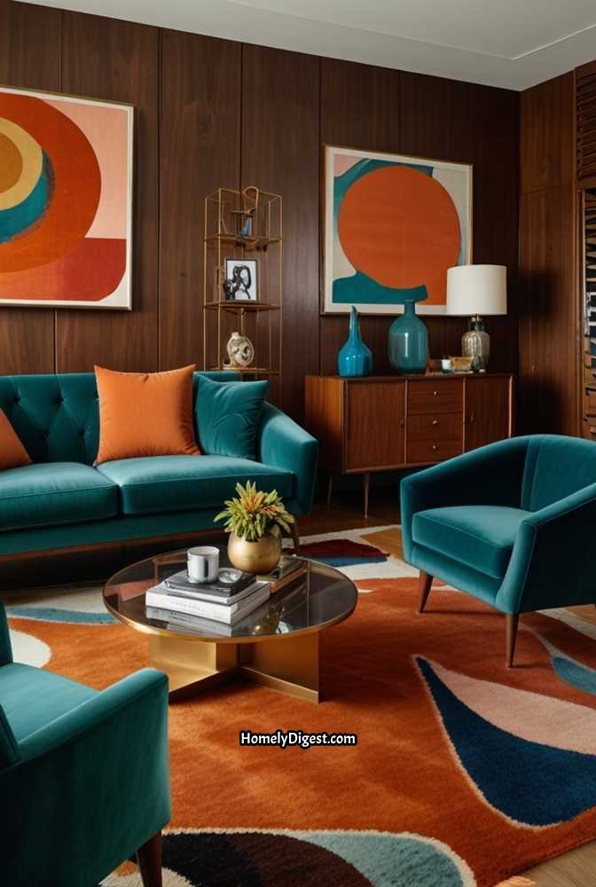 6. Retro-Inspired Mid-Century Living Room with Orange and Teal Hues