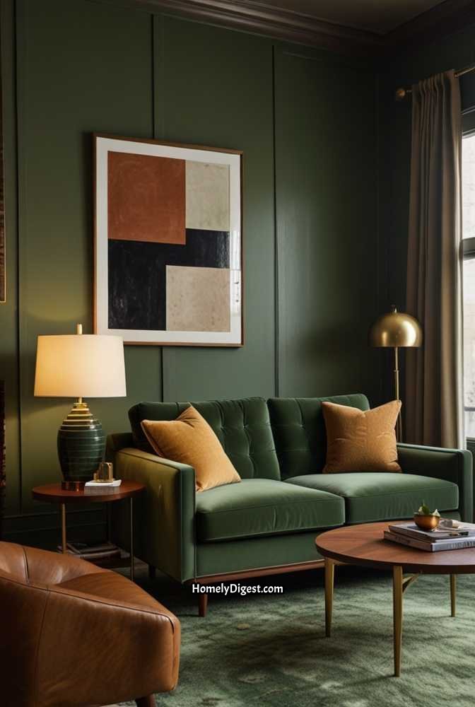 6. Sage Green Living Room with Mid Century Modern Charm