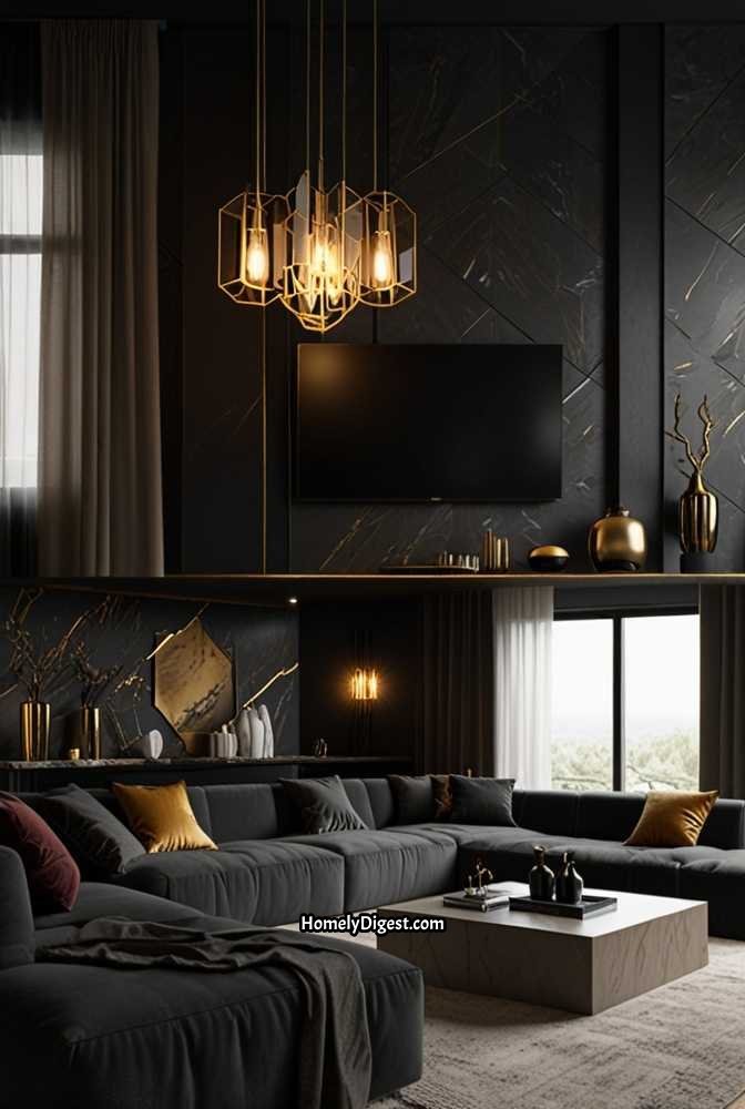 7. Dark and Moody TV Wall with Textured Panels