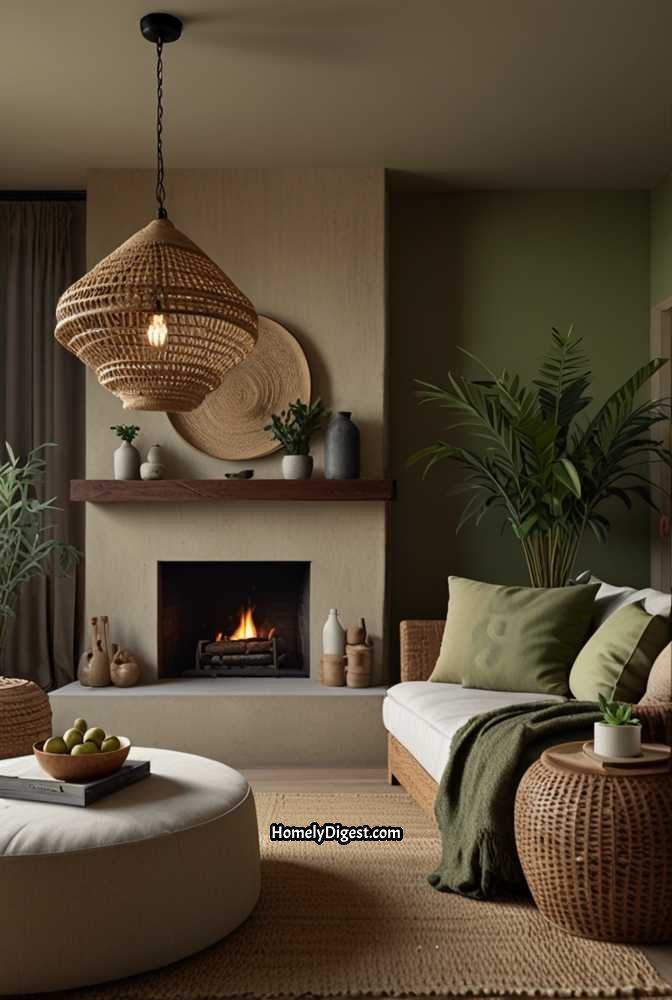 7. Earthy Sage Green Living Room with Natural Materials