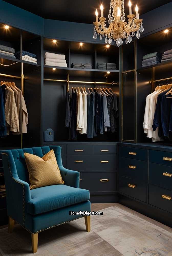 8. Elegant Walk-In Closet with Velvet Finishes