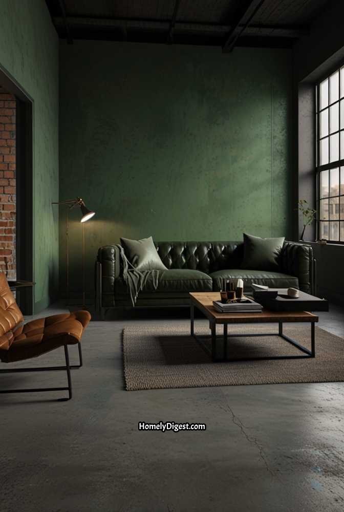 8. Sage Green Living Room with Industrial Edge