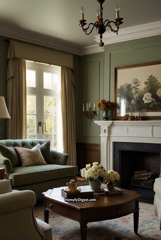 9. Classic Sage Green Living Room with Traditional Details