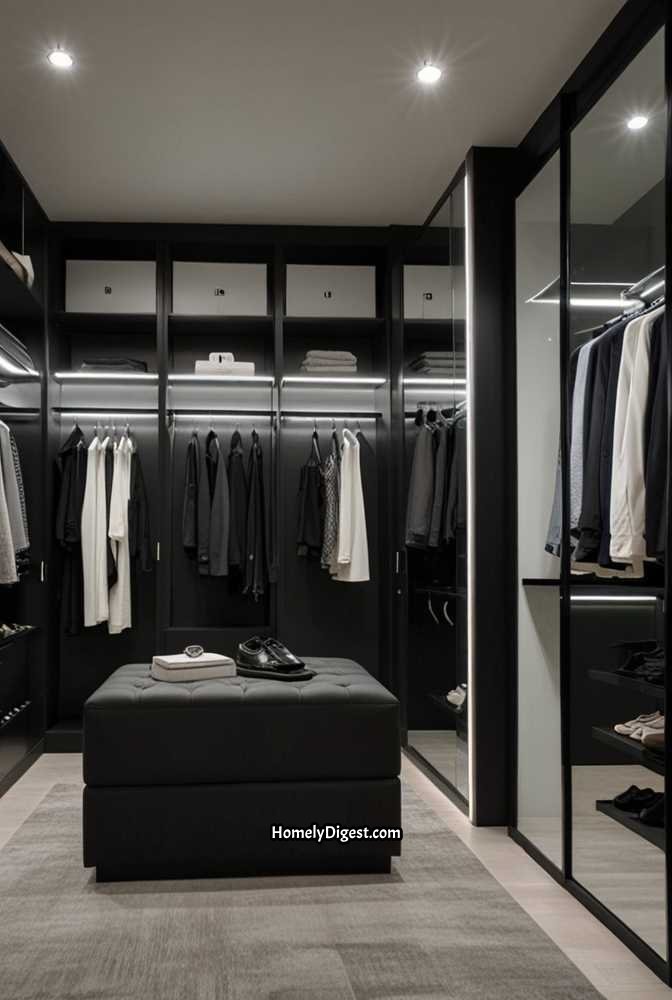 9. Contemporary Monochrome Walk-In Closet with Smart Lighting