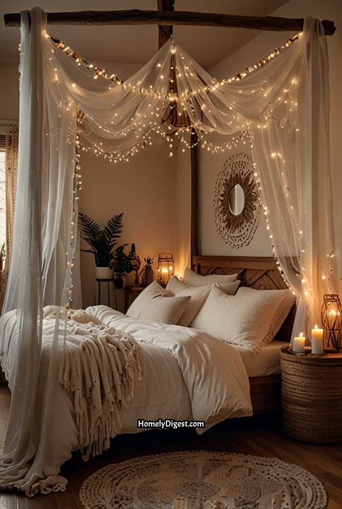 9. White Boho Bedroom with Draped Fairy Lights