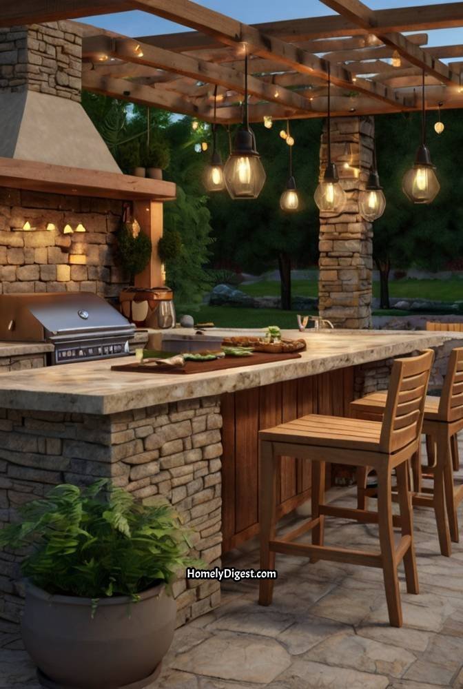 1. Cozy Stone Outdoor Kitchen with Fireplace