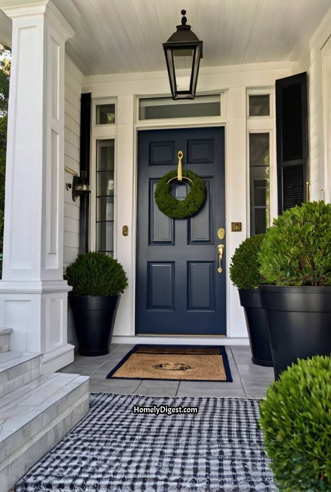 1. Navy Blue Front Door with Brass Accents