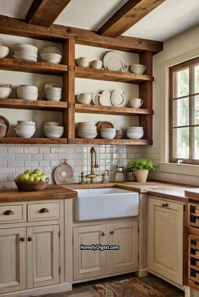 1. Rustic Warm White Kitchen with Wooden Beams
