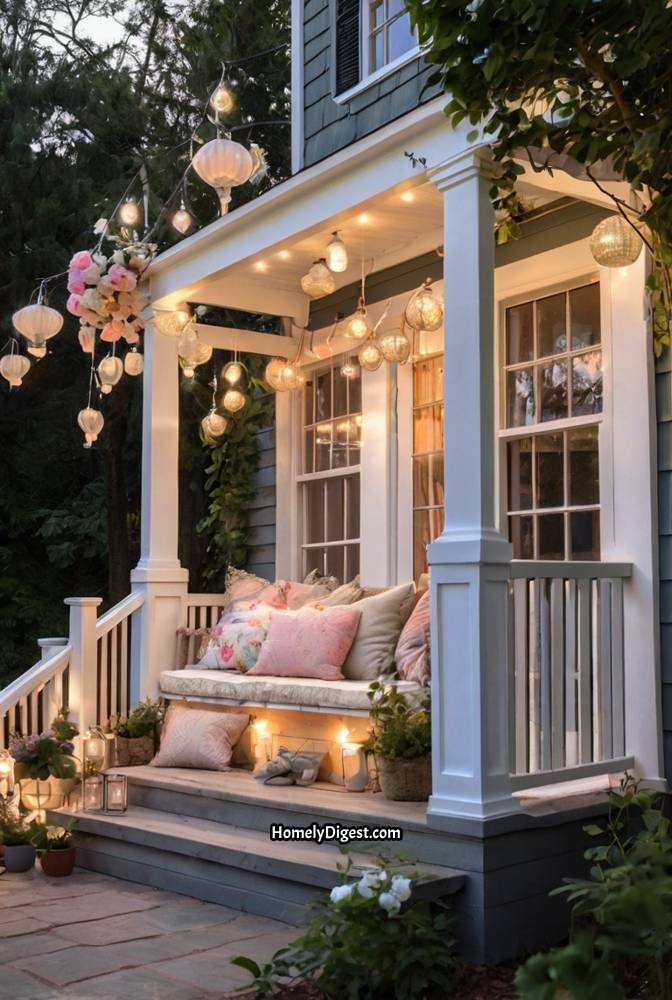 10. Whimsical Porch with Fairy Lights and Flowers