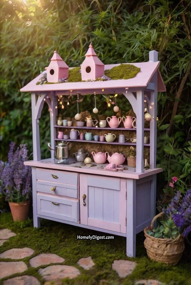 11. Whimsical Fairy Themed Mud Kitchen with Floral Accents