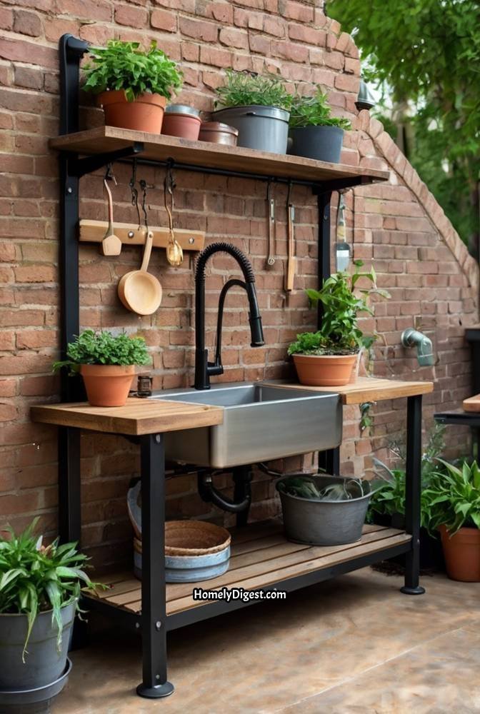 13. Industrial Style Mud Kitchen with Metal Accents