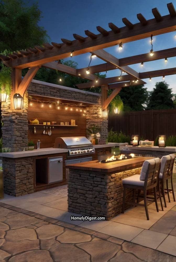 13. Outdoor Kitchen with a Fire Pit Lounge Area