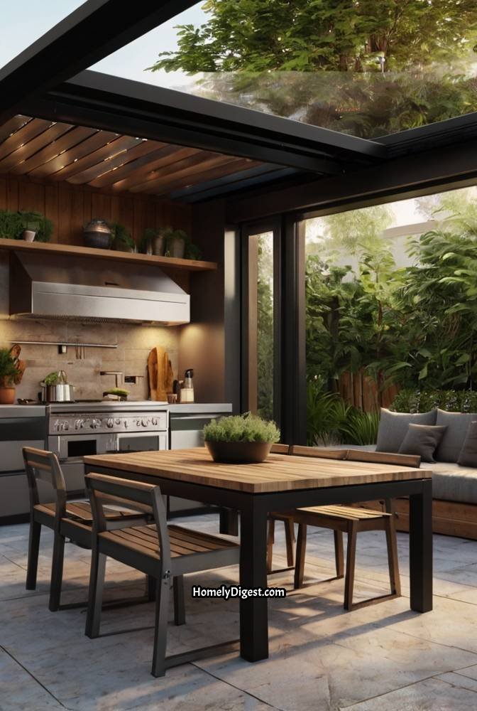 14. Outdoor Kitchen with Retractable Roof for All Weather Cooking