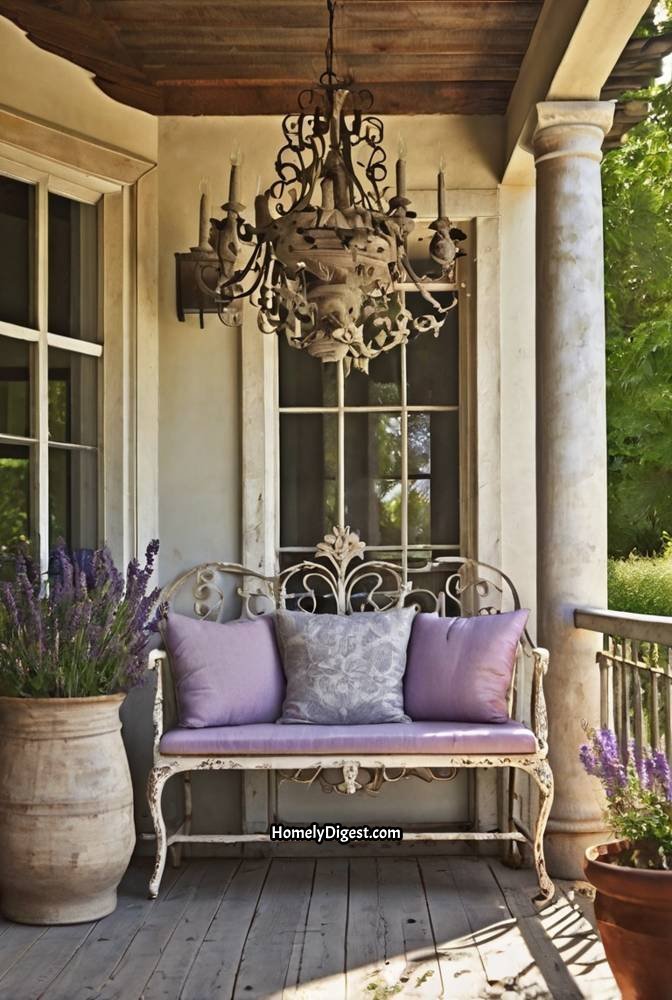 16. Elegant French Country Porch with Vintage Touches