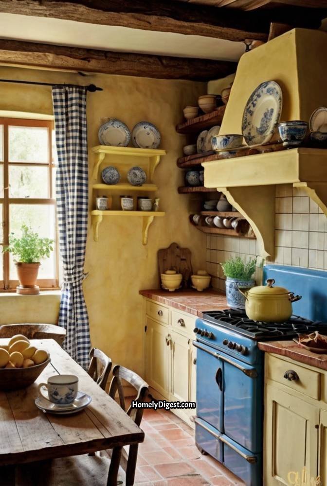 16. French Country Yellow Kitchen with Rustic Charm