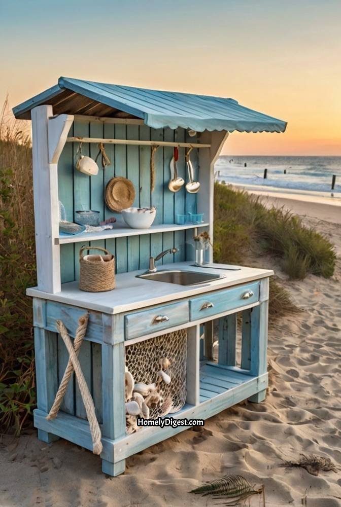 17. Coastal Beach Themed Mud Kitchen with Seashell Details