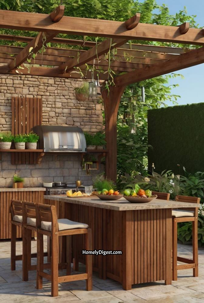 19. Backyard Outdoor Kitchen with a Pergola and Hanging Plants