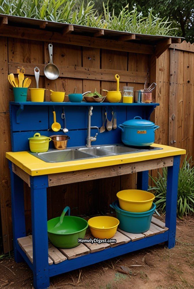 2. Colorful Pallet Mud Kitchen with Storage Shelves 1