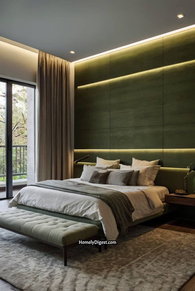 2. Modern Olive Green Bedroom with Minimalist Decor