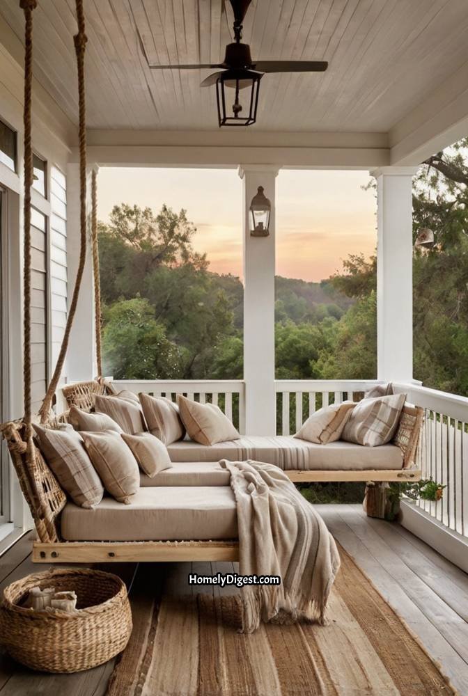 2. Rustic Farmhouse Porch with Swing Bed